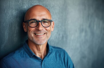 Obraz premium Smiling Mature Man with Glasses Against Textured Wall, Radiating Confidence and Positivity, Showcasing Friendly Personality and Charm in Professional Setting