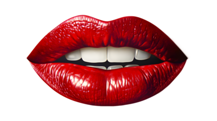 A red and glossy female lip with white teeth is displayed on the wall, isolated on a transparent background