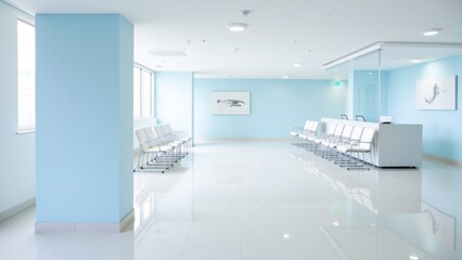 Fototapeta premium Modern hospital waiting area with minimalist design, white and light blue color scheme, featuring cushioned chairs, natural light, glossy flooring, and a professional ambiance for a serene environment