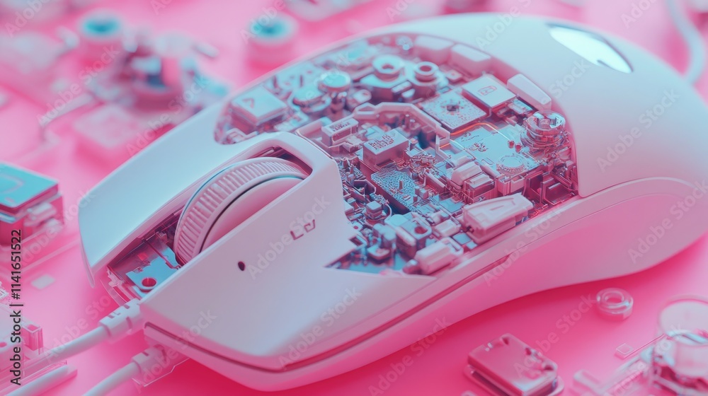 Aufkleber A detailed view of the inner workings of a computer mouse, including buttons and sensor mechanisms, on a pastel pink background.