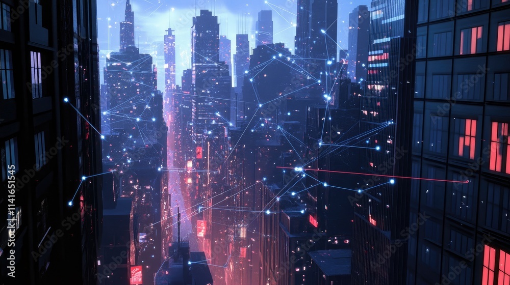 Aufkleber a digital city scene with visible wireless connections flowing between buildings, representing smart