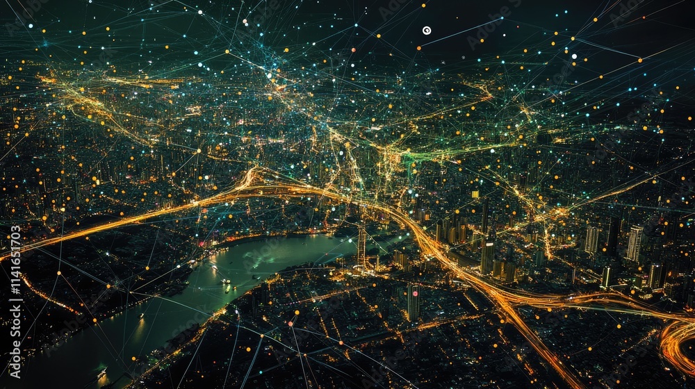 Poster a digital network map over bangkok city, showcasing 5g connectivity and wireless data flow, illustra
