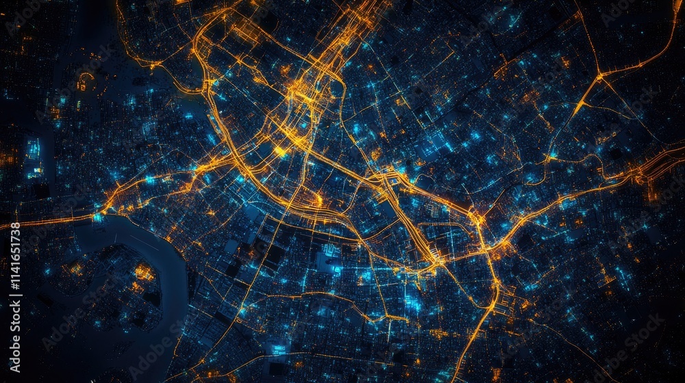 Poster a digital network map over bangkok city, showcasing 5g connectivity and wireless data flow, illustra