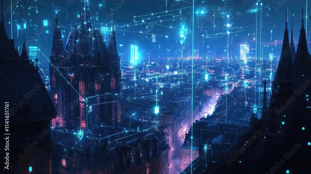 Aufkleber a digital network view of a european city with 5g mobile telecommunication signals providing fast da