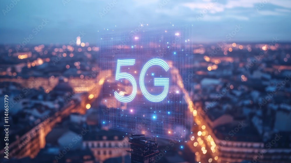 Poster a digital network view of a european city with 5g mobile telecommunication signals providing fast da