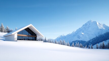 Modern house in a snowy landscape with mountains in the background.