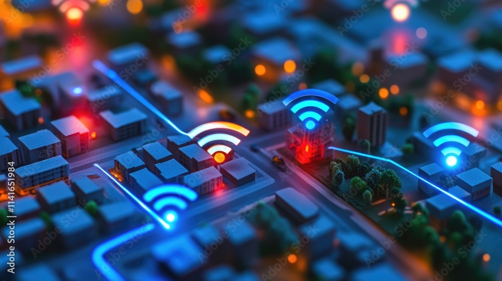 Aufkleber A digital view of a modern city with wireless network connections shown as glowing lines and signals, representing smart city technology.