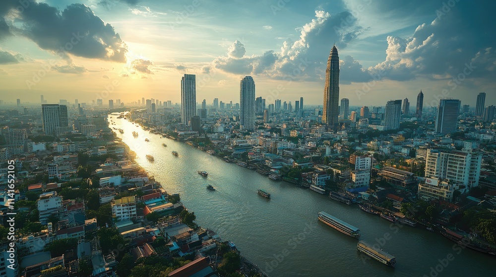 Poster a digital view of bangkok city with a web of wireless connections, illustrating 5g networks, lpwa, a