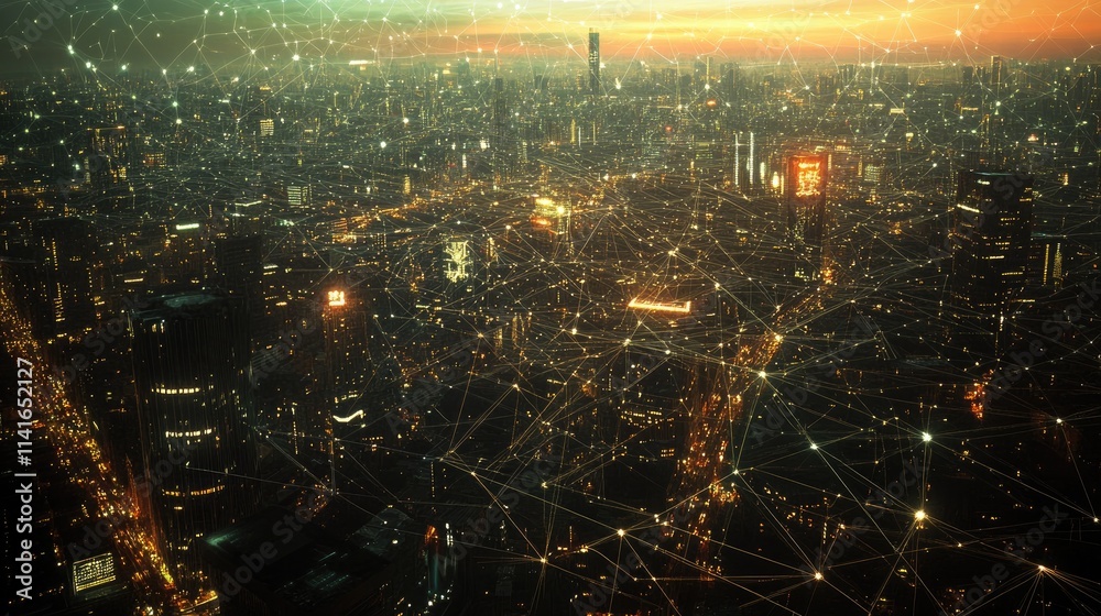 Poster a digital view of bangkok city with a web of wireless connections, illustrating 5g networks, lpwa, a