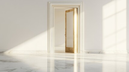 A dramatic shot of an open door letting in light, set against a sleek room with white marble floors and gold accents. Ideal for luxury, architecture, or interior design ads.