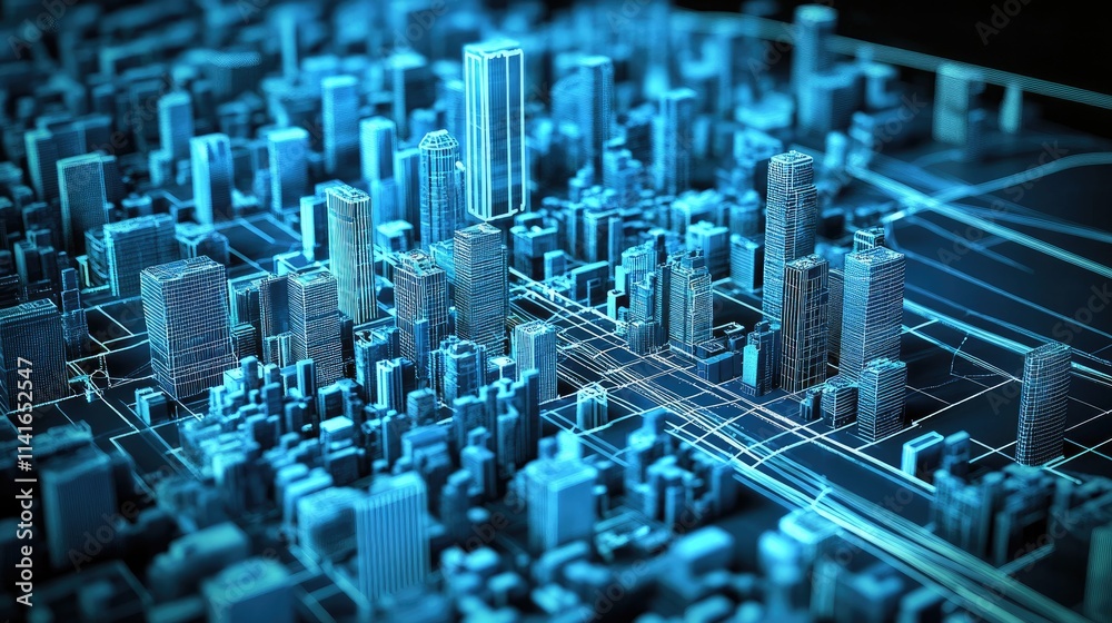 Poster A dynamic city view with digital network signals and lines indicating wireless connectivity, showcasing the future of smart cities.