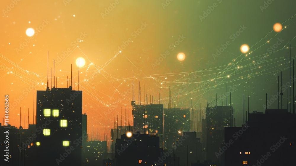 Poster A dynamic city view with digital network signals and lines indicating wireless connectivity, showcasing the future of smart cities.