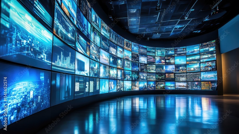 Poster a dynamic multimedia wall with video screens displaying various content, ideal for illustrating digi