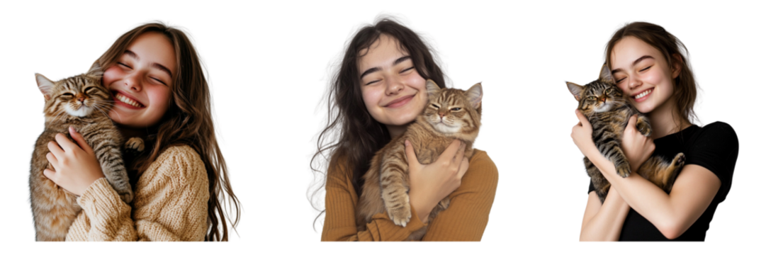 Set of girl holding a cat and smiling isolated on a transparent background