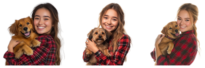 Set of girl in a plaid shirt holding a dog and smiling isolated on a transparent background