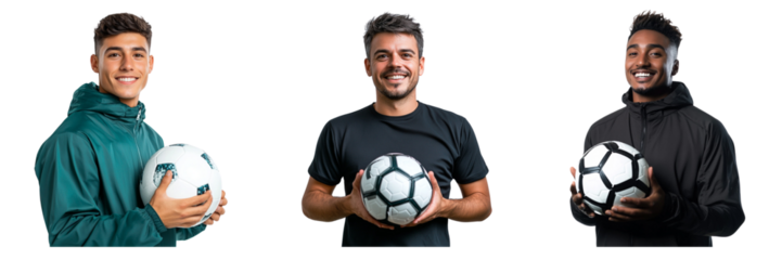 Set of man in a sports cloth holding a soccer ball and smiling isolated on a transparent background