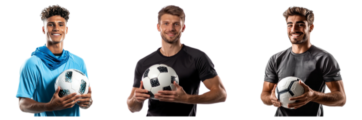 Set of man in a sports cloth holding a soccer ball and smiling isolated on a transparent background