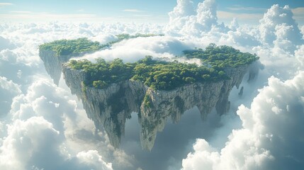 Fototapeta premium Floating island, lush vegetation, cloudy sky.
