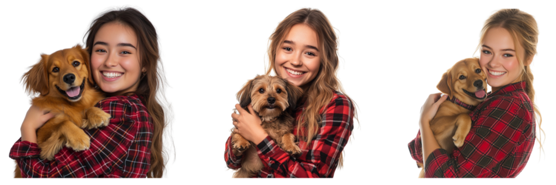 Set of girl in a plaid shirt holding a dog and smiling isolated on a transparent background