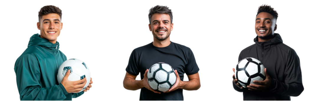 Set of man in a sports cloth holding a soccer ball and smiling isolated on a transparent background