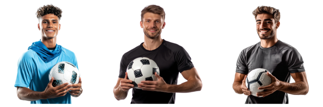 Set of man in a sports cloth holding a soccer ball and smiling isolated on a transparent background
