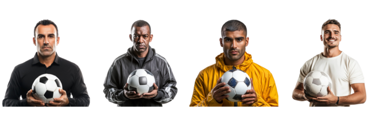 Set of man in a sports cloth holding a soccer ball with serious expression looking isolated on a transparent background