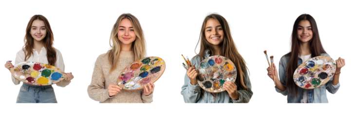 Set of woman hair holding a painter's palette and smiling isolated on a transparent background