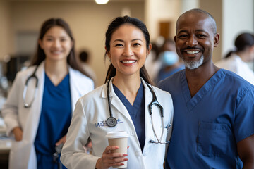 Fototapeta premium Generative AI illustration of cheerful diverse doctors in uniforms and stethoscopes standing in hospital while smiling and looking at camera