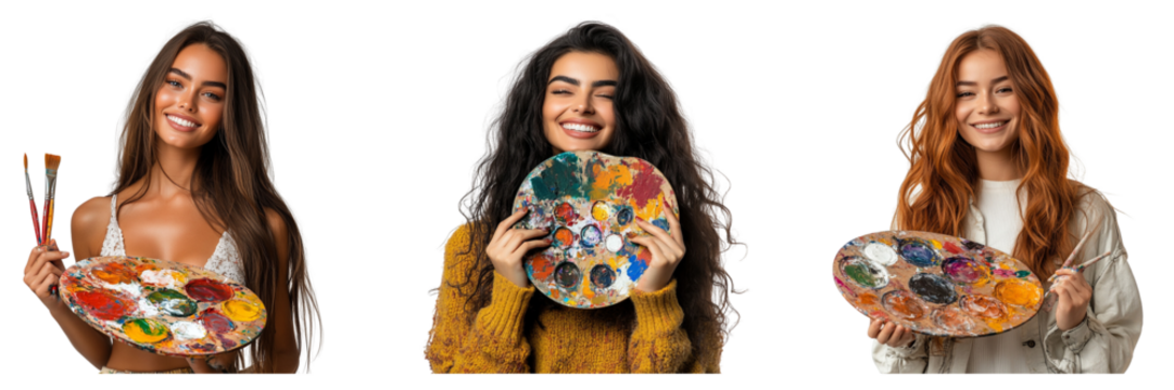 Set of woman hair holding a painter's palette and smiling isolated on a transparent background - Powered by Adobe