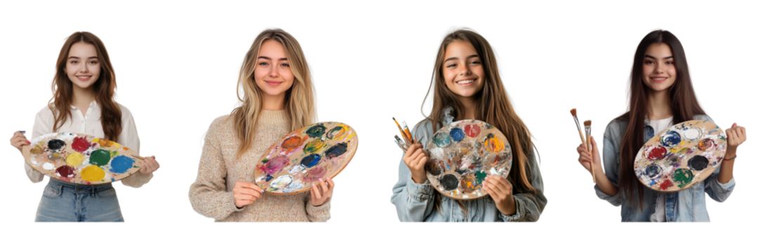 Set of woman hair holding a painter's palette and smiling isolated on a transparent background - Powered by Adobe
