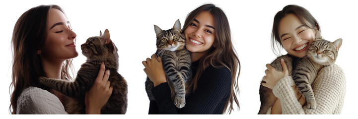 Set of woman holding a cat and smiling isolated on a transparent background