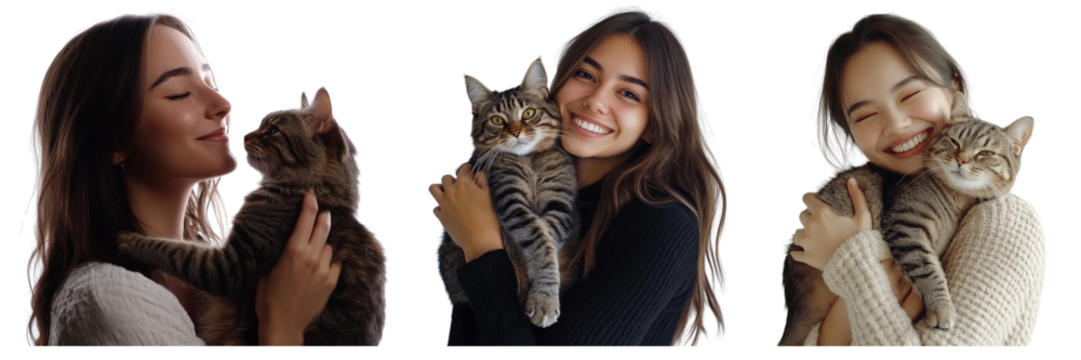 Set of woman holding a cat and smiling isolated on a transparent background