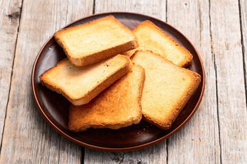 Toast bread in a plate photography . Top view