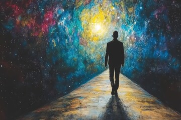 A silhouetted figure walks towards a vibrant cosmic scene, symbolizing exploration and discovery in the vast universe.