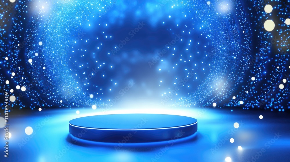 Poster A futuristic blue podium with an LED screen backdrop in a white room, creating an ideal stage for tech or product advertisements.