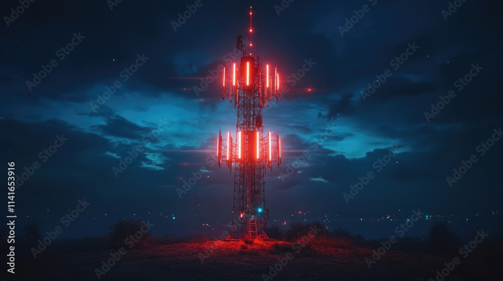 Poster a futuristic 5g mobile telecommunication tower in europe, transmitting high-speed data for smartphon