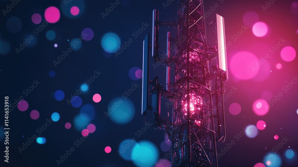 Poster a futuristic 5g mobile telecommunication tower in europe, transmitting high-speed data for smartphon