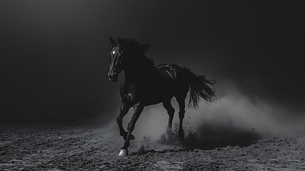 Black horse illustration, black and white image of a horse running fast with dust and ash rising at it's back