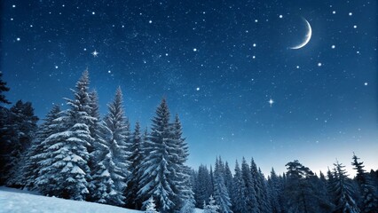 A deep blue gradient resembling a winter night sky with twinkling stars, a crescent moon