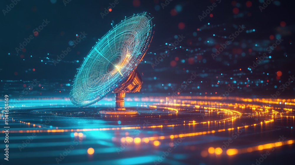 Poster a futuristic signal antenna with a holographic line data stream, illustrating the concept of modern 
