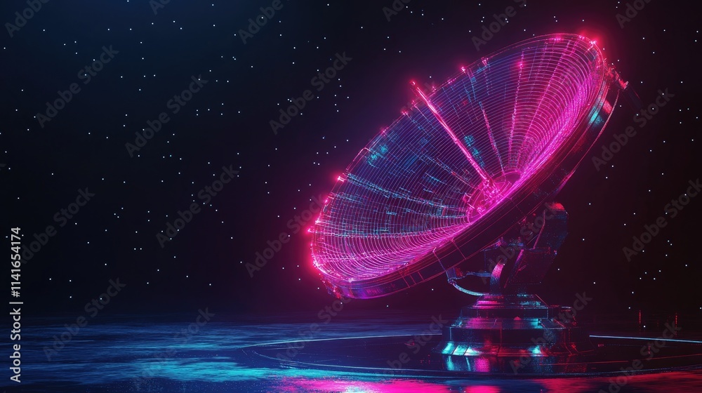 Poster a futuristic signal antenna with a holographic line data stream, illustrating the concept of modern 