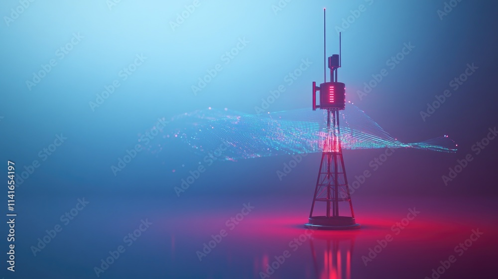 Poster a futuristic signal antenna with a holographic line data stream, illustrating the concept of modern 