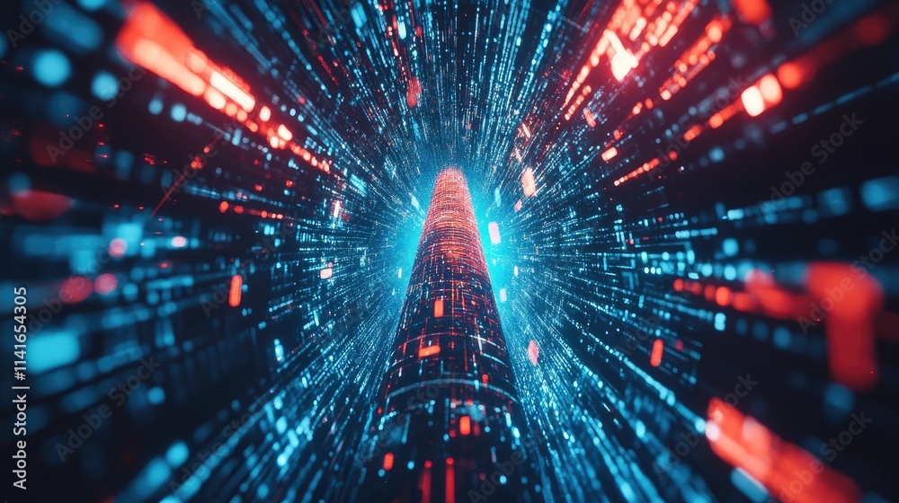 Poster A futuristic telecommunication tower surrounded by digital waves, illustrating the transformative power of 5G networks and global connectivity.