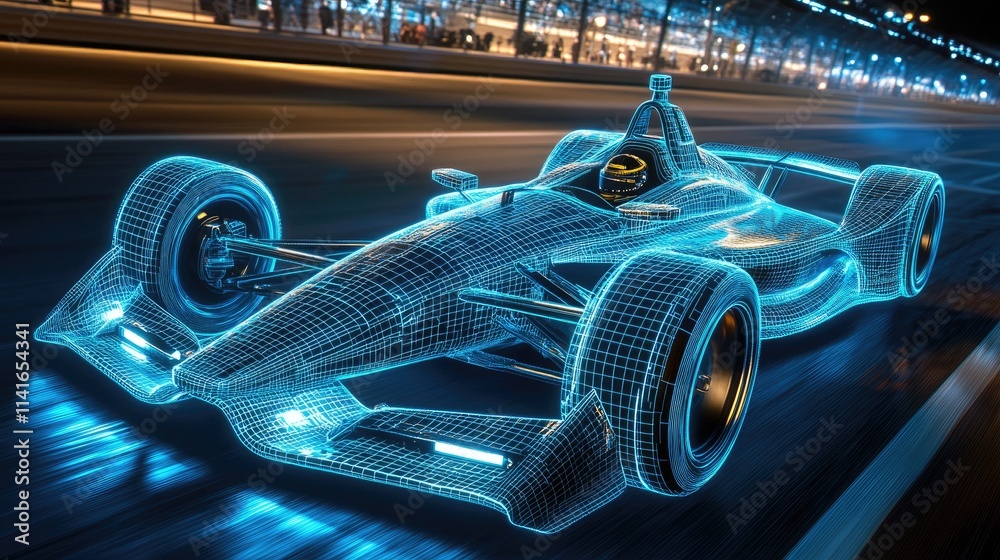 Poster a futuristic wireframe indy car on a racetrack, illuminated with blue light to showcase detailed rac