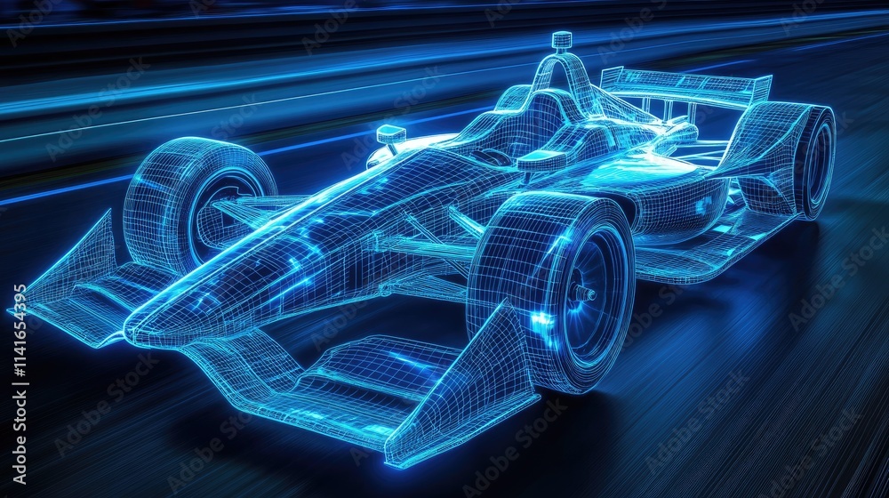 Poster a futuristic wireframe indy car on a racetrack, illuminated with blue light to showcase detailed rac