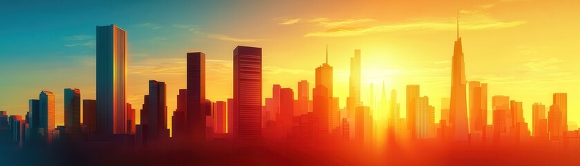 Fototapeta premium Minimal pastel ambiance concept. City skyline at sunset with vibrant colors and silhouettes of tall buildings.