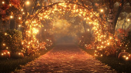 A glowing autumn arch with string lights and garlands, offering a magical entrance to an autumn scene. Ideal for Halloween events, fall promotions, or festive greetings.
