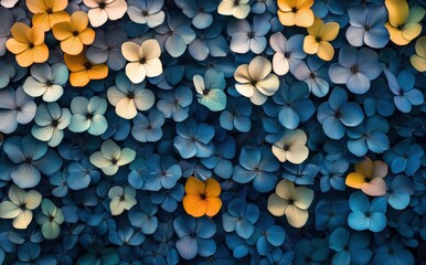 Vivid Floral Background with Blue and Yellow Flowers, Capturing the Beauty of Nature's Palette in a Close-Up Display of Petals and Patterns for Creative Projects