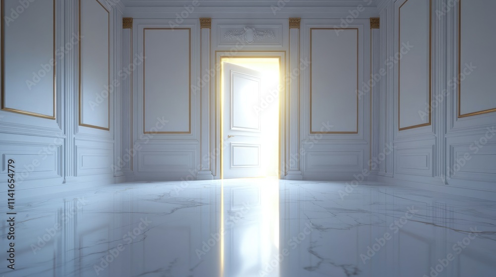 Poster a glowing light from an open door, illuminating an empty room with pristine white marble floors and 