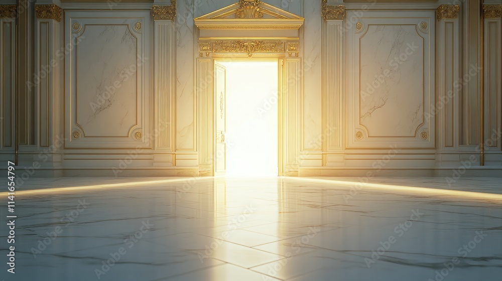 Aufkleber a glowing light from an open door, illuminating an empty room with pristine white marble floors and 